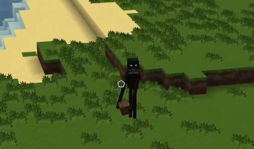 A tall black figure carrying a single block of soil across a grass field