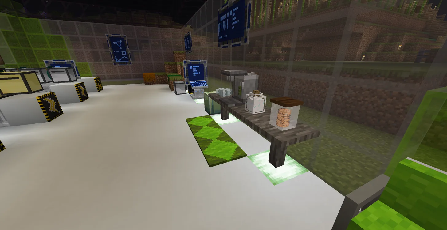 A dark wooden bench in a glass-walled room at night holding an espresso machine, two white cups and a lidded jar of biscuits, a green carpet runner and lit floor panels beside it and blue wall charts behind