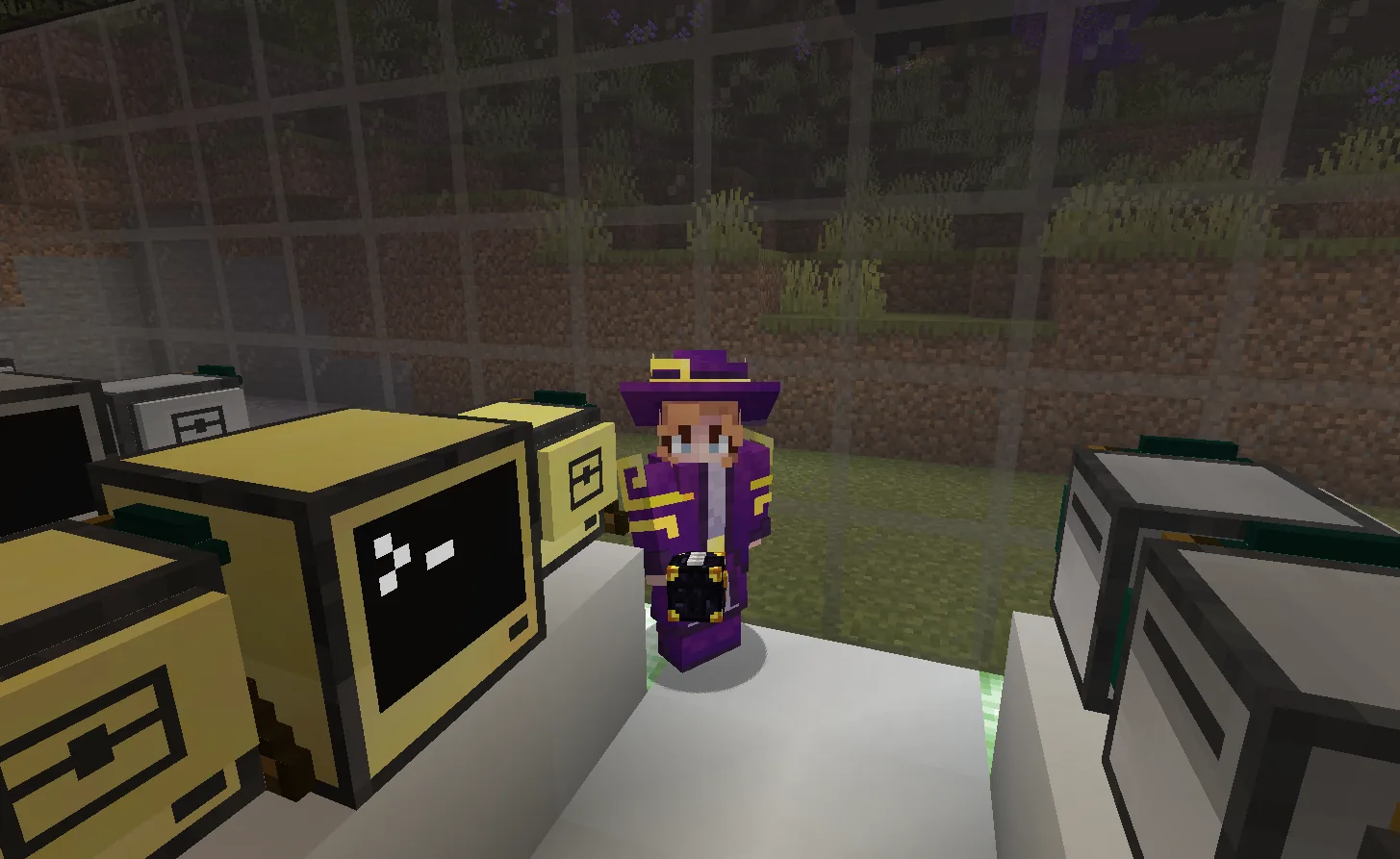 A player character in a purple and gold hat and robe standing between two banks of computer terminals in a glass-walled room cut into layers of soil and stone