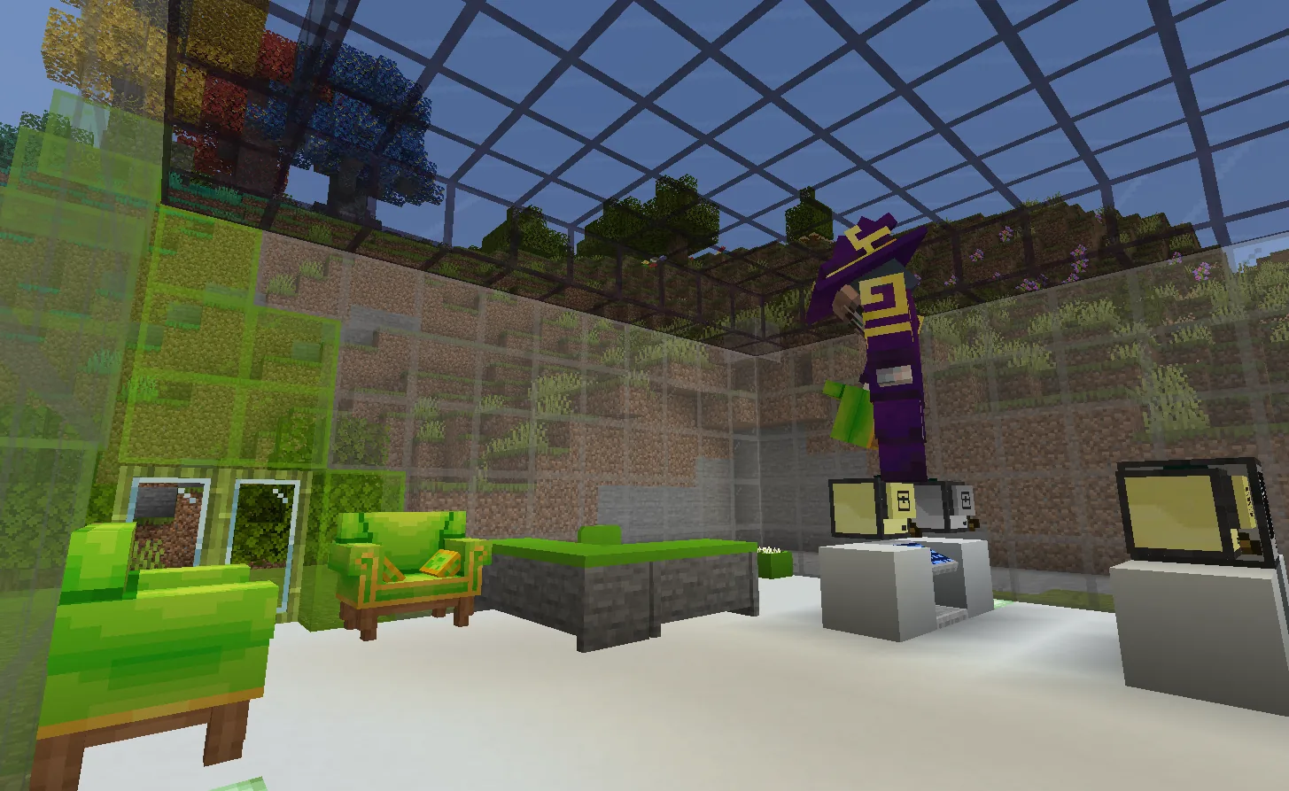 A figure in a purple and gold robe and pointed hat placing a green block near the ceiling of a glass-roofed room, with green sofas, an armchair holding an open book, and a low table below