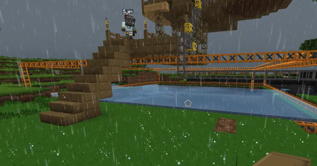 A player character labelled Sjin standing on a walkway above the new plant, orange gantries and a settling pond behind, in heavy rain